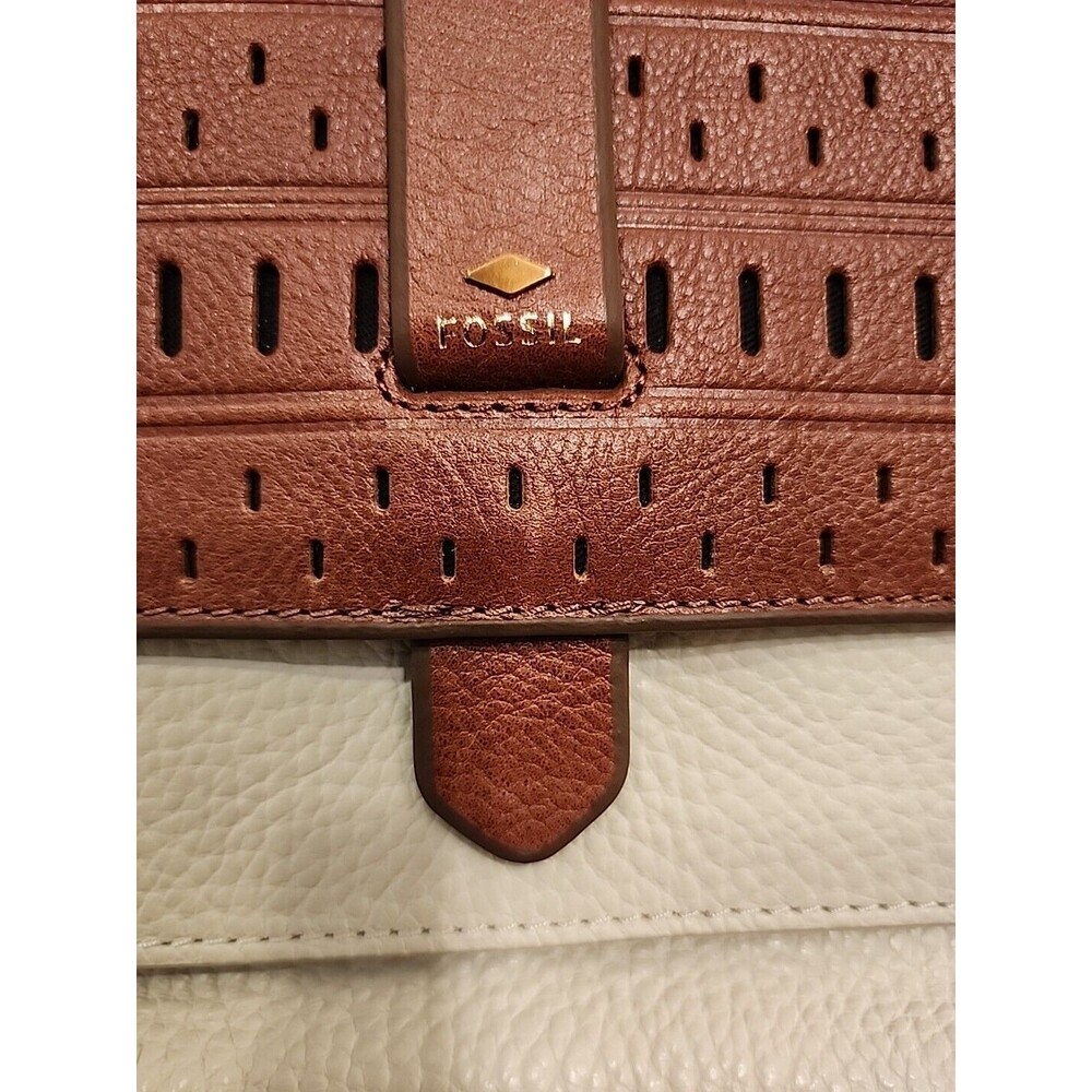 FOSSIL 1954 Kinley Small Leather Crossbody Bag White Cognac Brown Laser Cut Flap